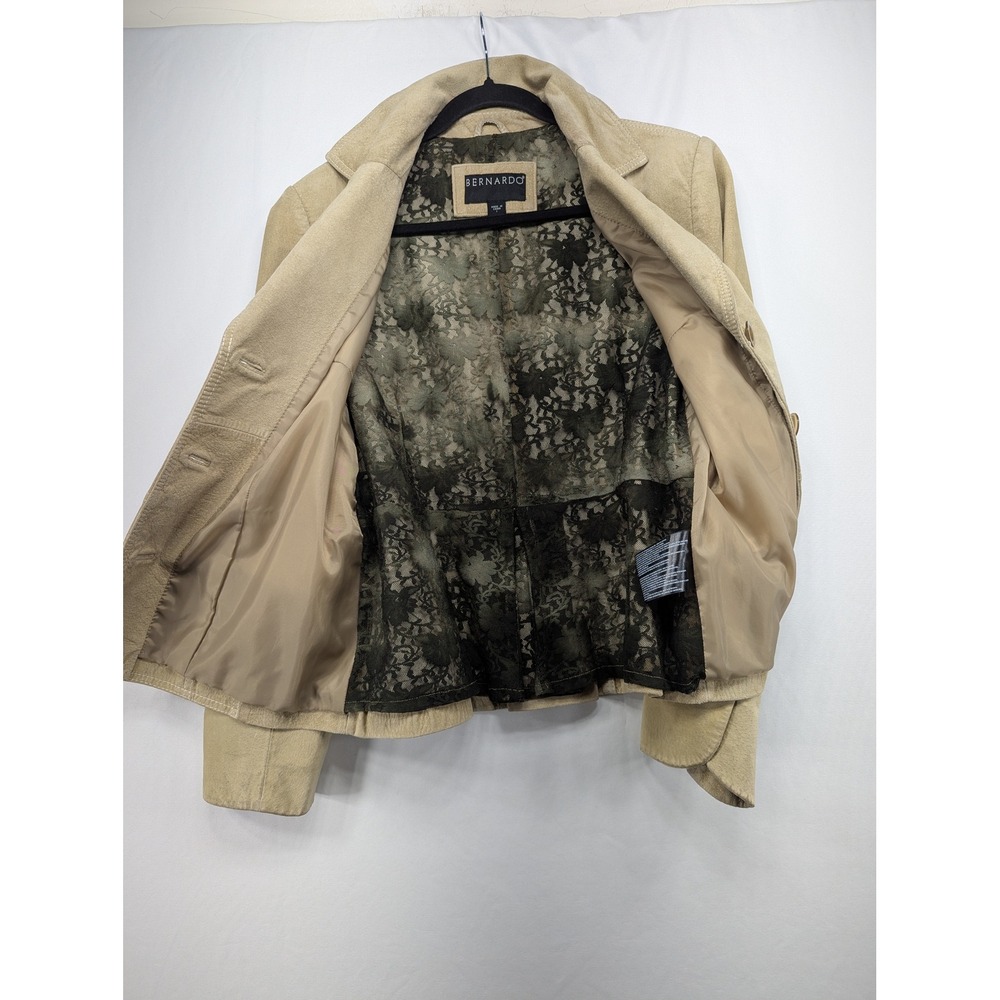 Bernardo Tan Beige Leather Blazer Jacket Lace Lining Pleated Back Womens Large - Picture 4 of 10